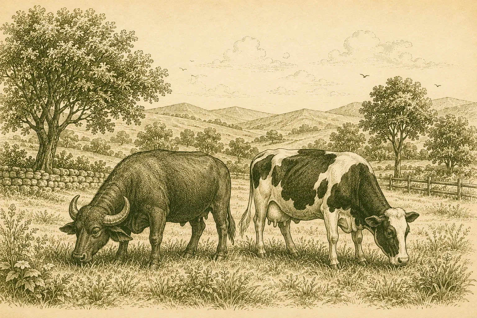 Sketch art of buffalo and cow in a pasture.