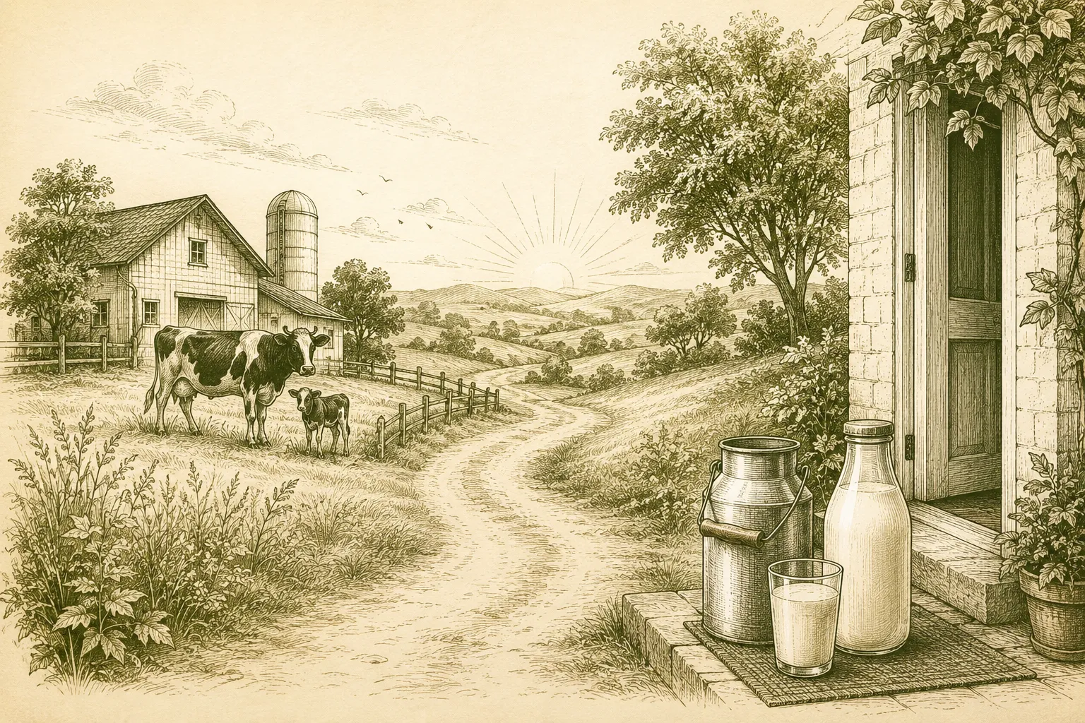 Sketch art of fresh dairy delivered from farm to door.
