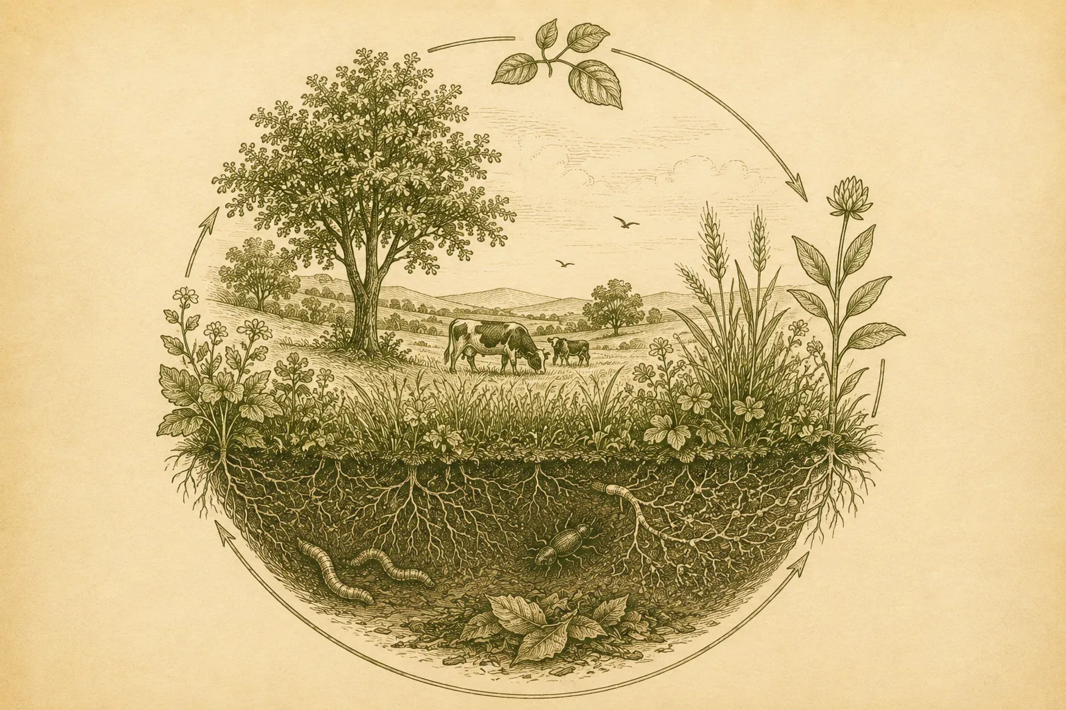 Sketch art representing organic regenerative farming.
